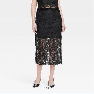 A New Day S Womens Midi A Line Skirt Lace High Rise Elastic Waist Black